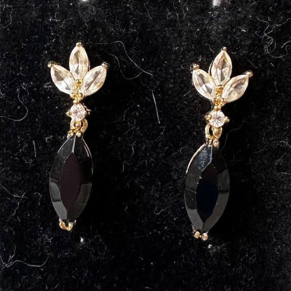 Vintage Roman Marquis Black and Clear Stone Gold Tone Earrings